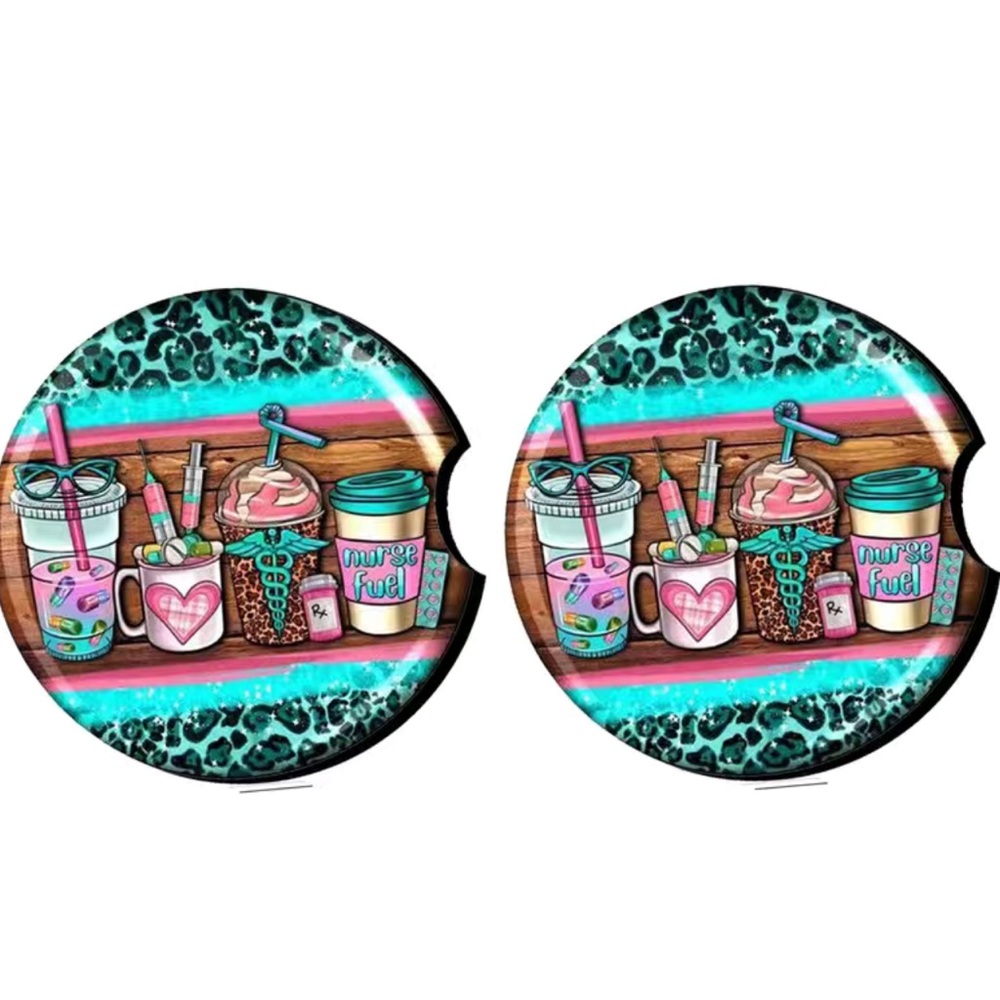 NIP 2 Pack Cup Holder Coasters NURSE Anti Slip Rubber Cup Mat with Finger Groove